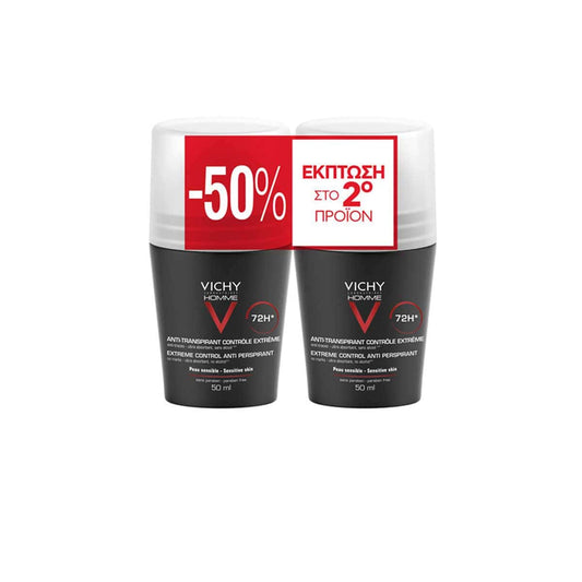 Vichy Homme 72HR Anti-Perspirant Deodorant Extreme Control Roll-On 2 x 50ml