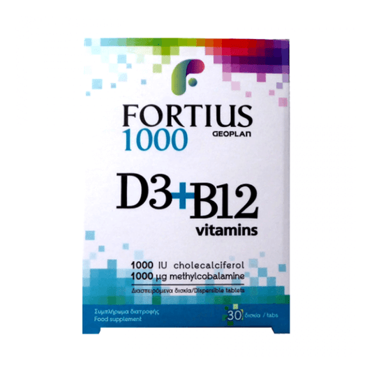 Geoplan Fortius D3 1000 IU + B12 1000 μg - Συμπλήρωμα Διατροφής 30 διασπειρόμενες ταμπλέτες