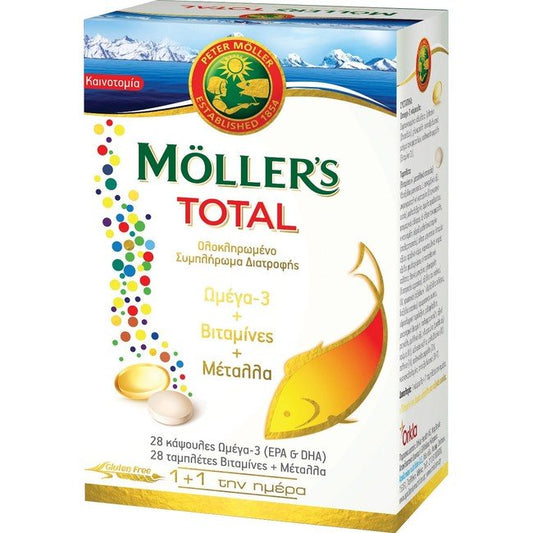 Möller's Total Omega-3, Βιταμίνες & Μέταλλα 28 Κάψουλες + 28 Δισκία