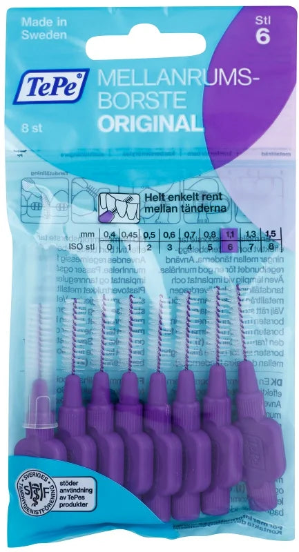 TePe Interdental Brushes Original Size 6 Purple 1.1 mm (8 Pieces/Packet)