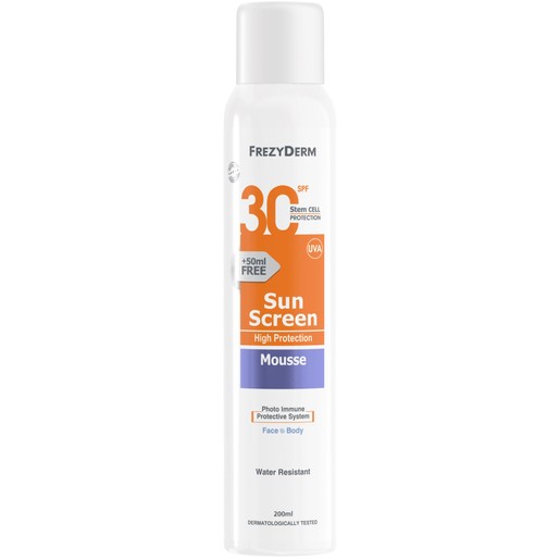 Frezyderm Sun Screen Mousse Spf30 Υψηλή Αντηλιακή Προστασία Προσώπου Σώματος σε Μορφή Αφρού, 200ml